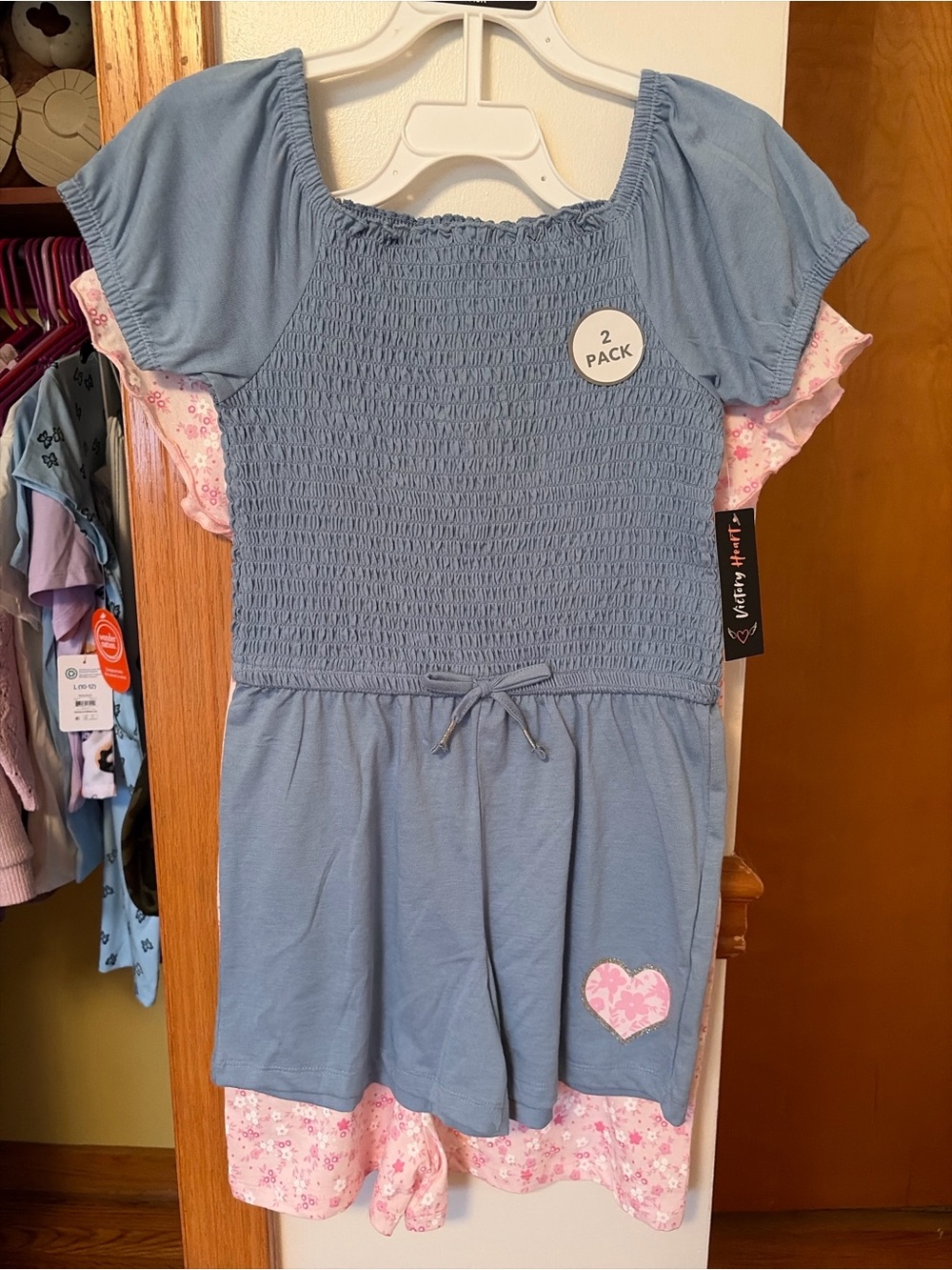 NWT Girls' 2-pack Blue & Pink Floral Smocked Waist Rompers